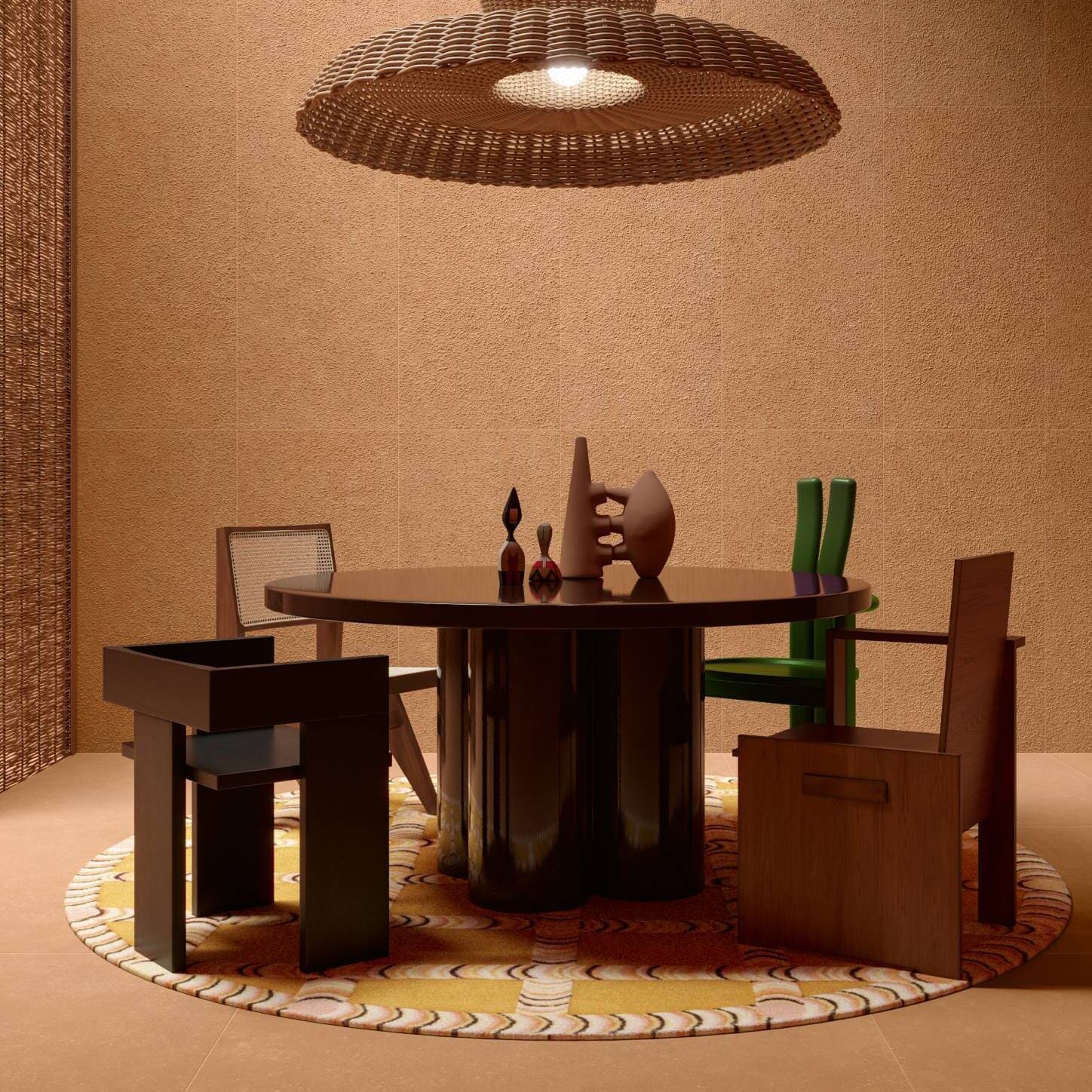 carrelage sol salle a manger tapis motif terracotta